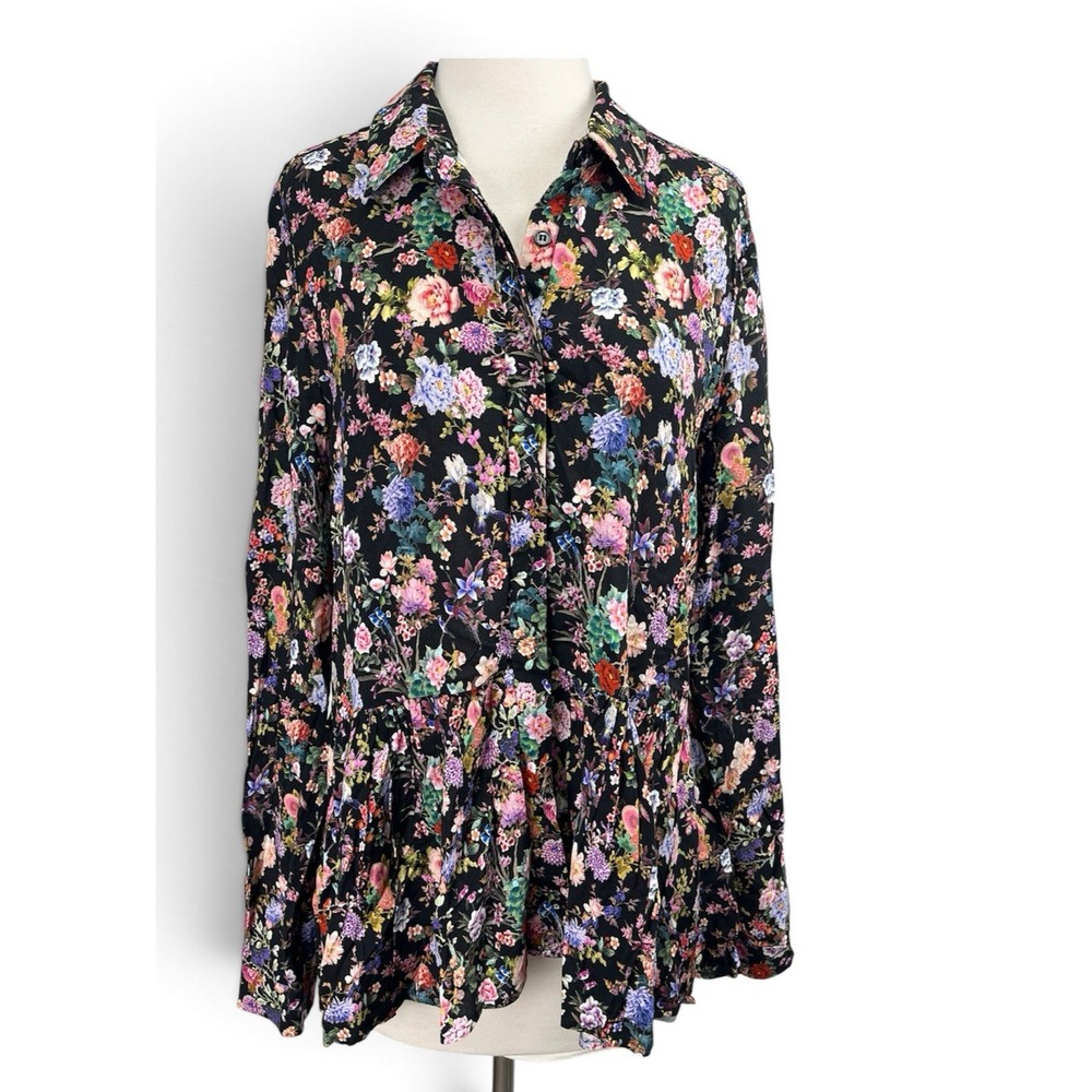 Tuckernuck Floral Shirt Small Ruffle Hem Peplum Black Modern Toile Button Up